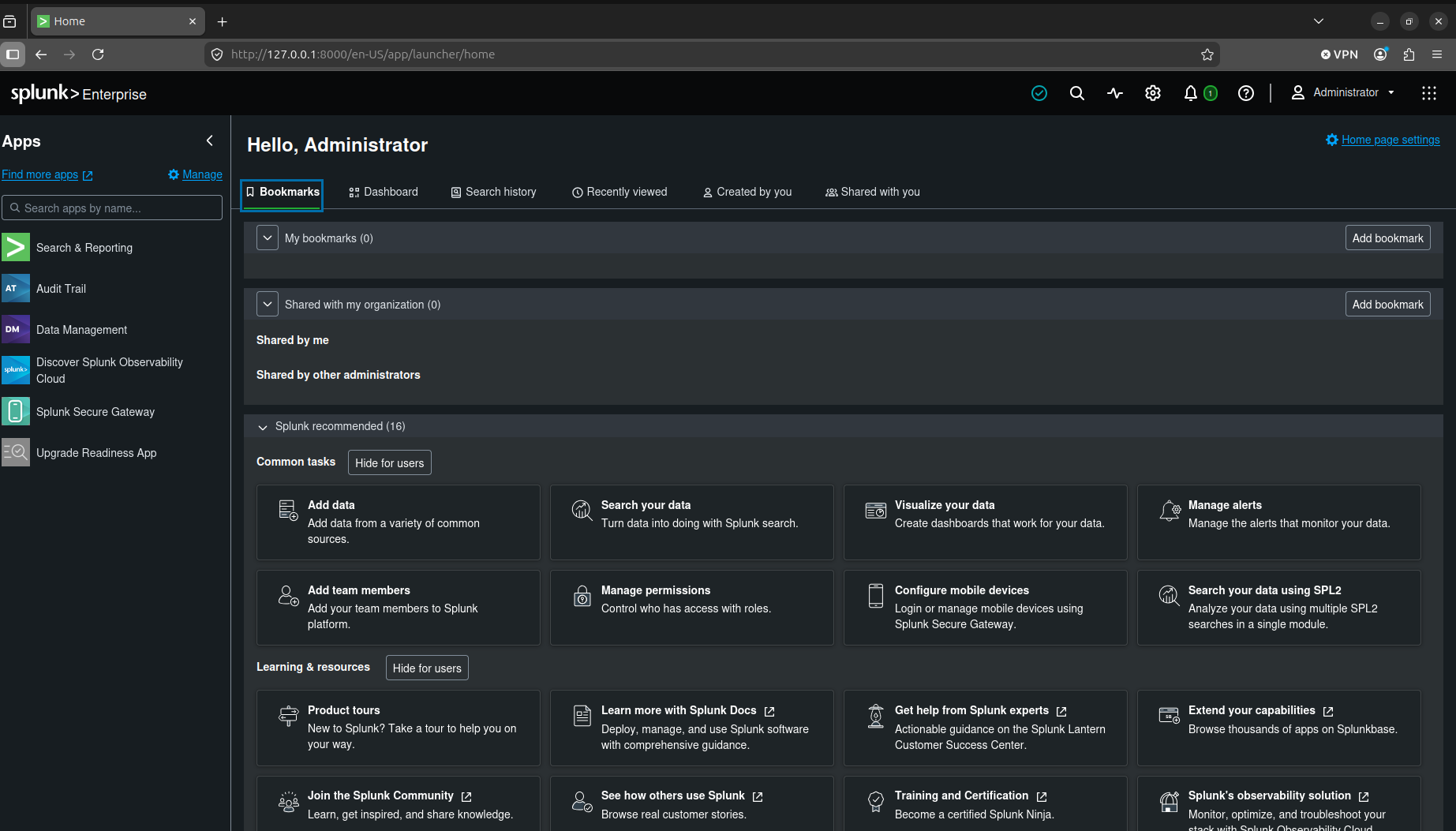 Splunk home screen after loading the BOTSv1 dataset
