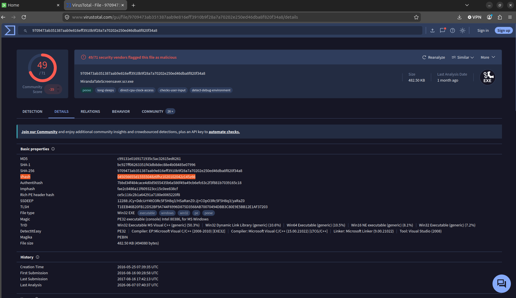 Vhash highlighted in the Basic Properties block