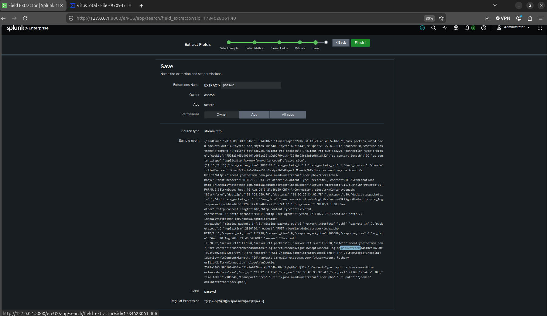 Extract Fields wizard, the regex and a sample match