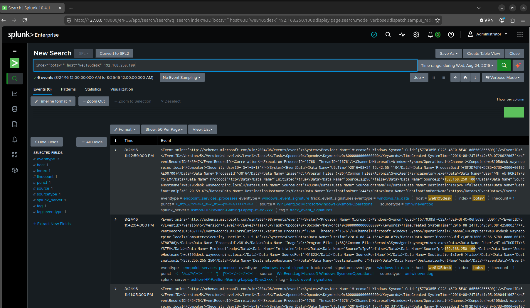 Six matching events, SourceIp=192.168.250.100 confirmed in the raw XML