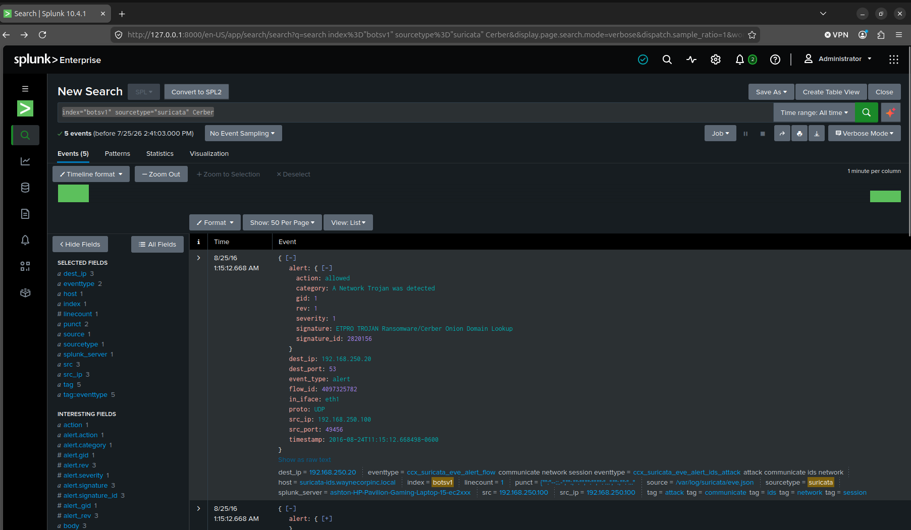 Initial Suricata search filtered to the Cerber string