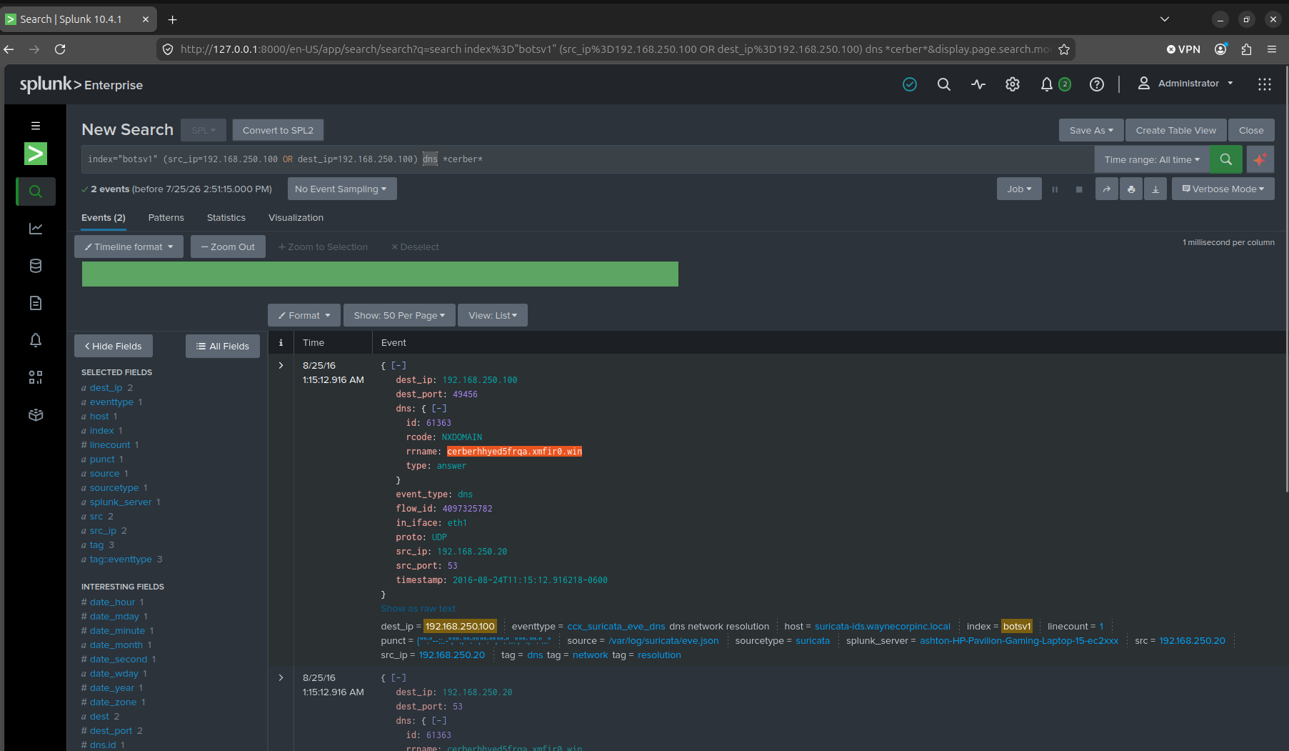 DNS query event, rcode=NXDOMAIN, the domain.