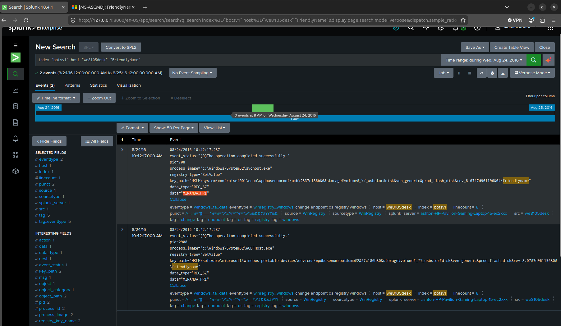 Two registry SetValue events, both writing FriendlyName=MIRANDA_PRI