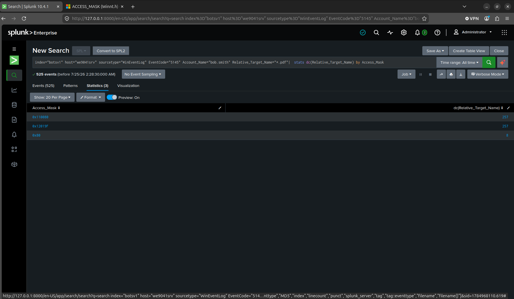 Access_Mask breakdown, two masks both landing on 257 distinct filenames