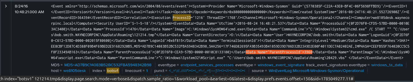 Raw Sysmon event, ParentProcessId=3968, wscript.exe launching cmd.exe which starts 121214.tmp