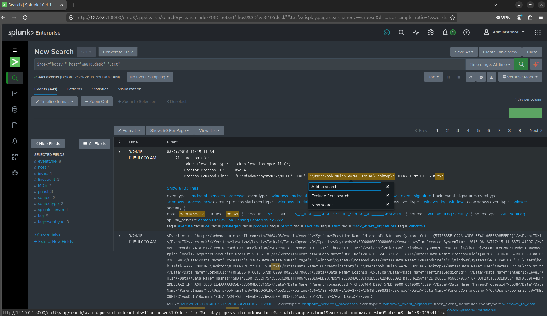 Broad search, 441 raw events including the ransom note being opened in Notepad