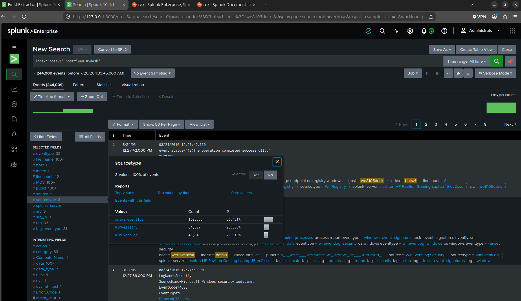 Sourcetype breakdown for the host, confirming xmlwineventlog is where Sysmon's file events live