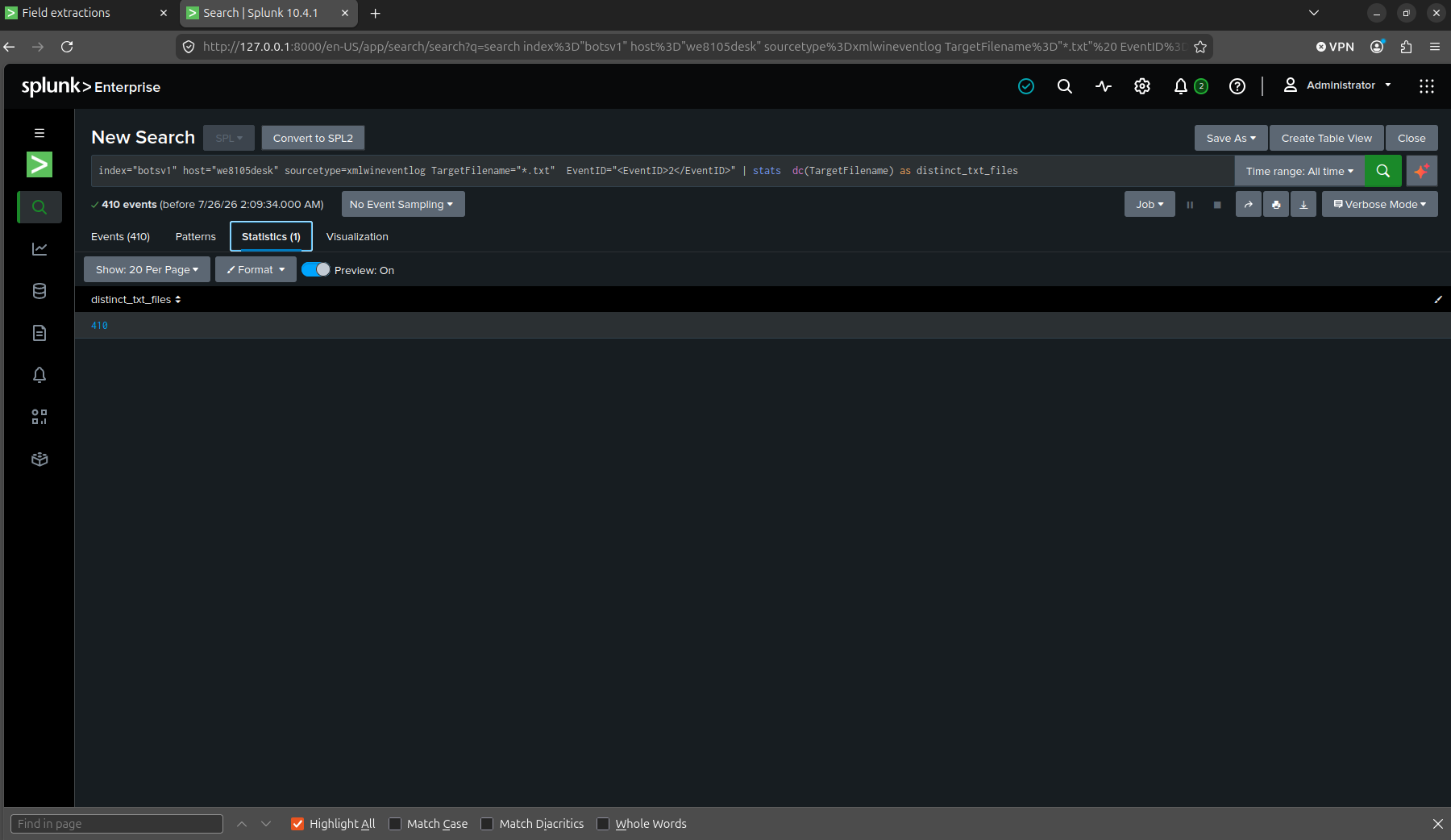 dc(TargetFilename), 410 distinct .txt files touched by the FileCreationTime-change event