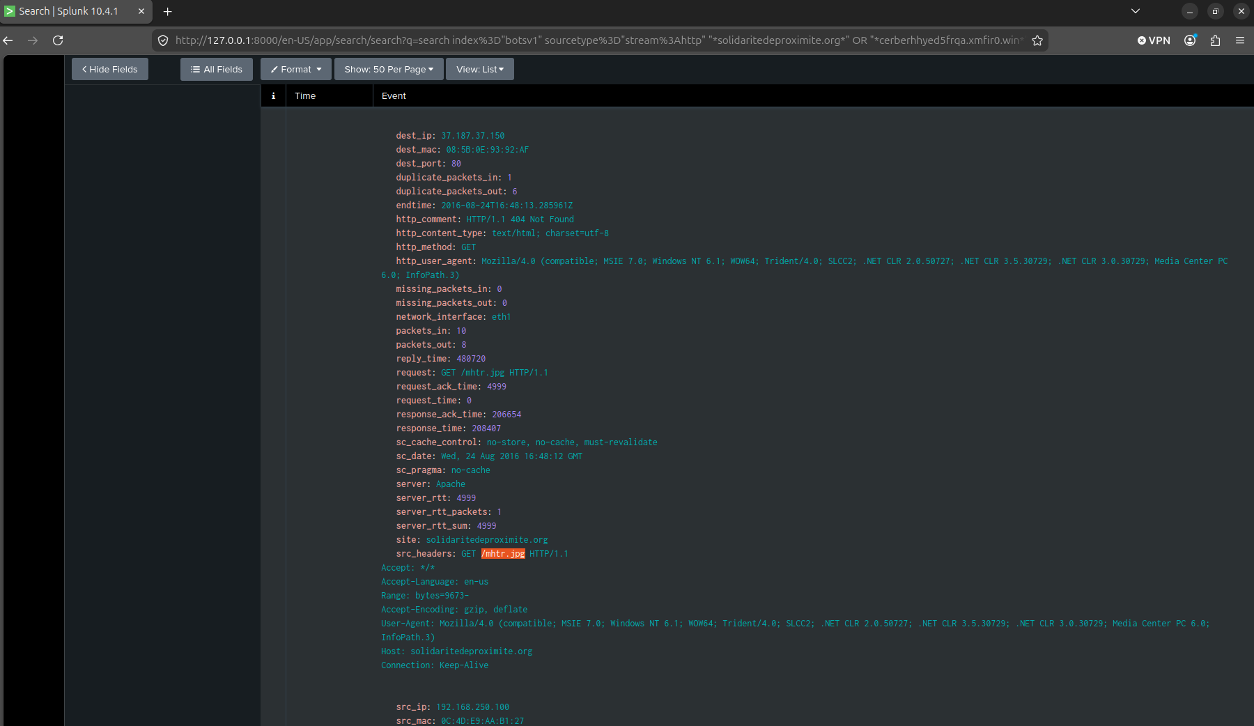 The mhtr.jpg request, 404 response, spoofed old-IE user agent, and a Range header starting mid-file