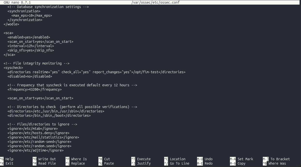 The syscheck block added to ossec.conf in nano, watching /opt/fim-test in realtime
