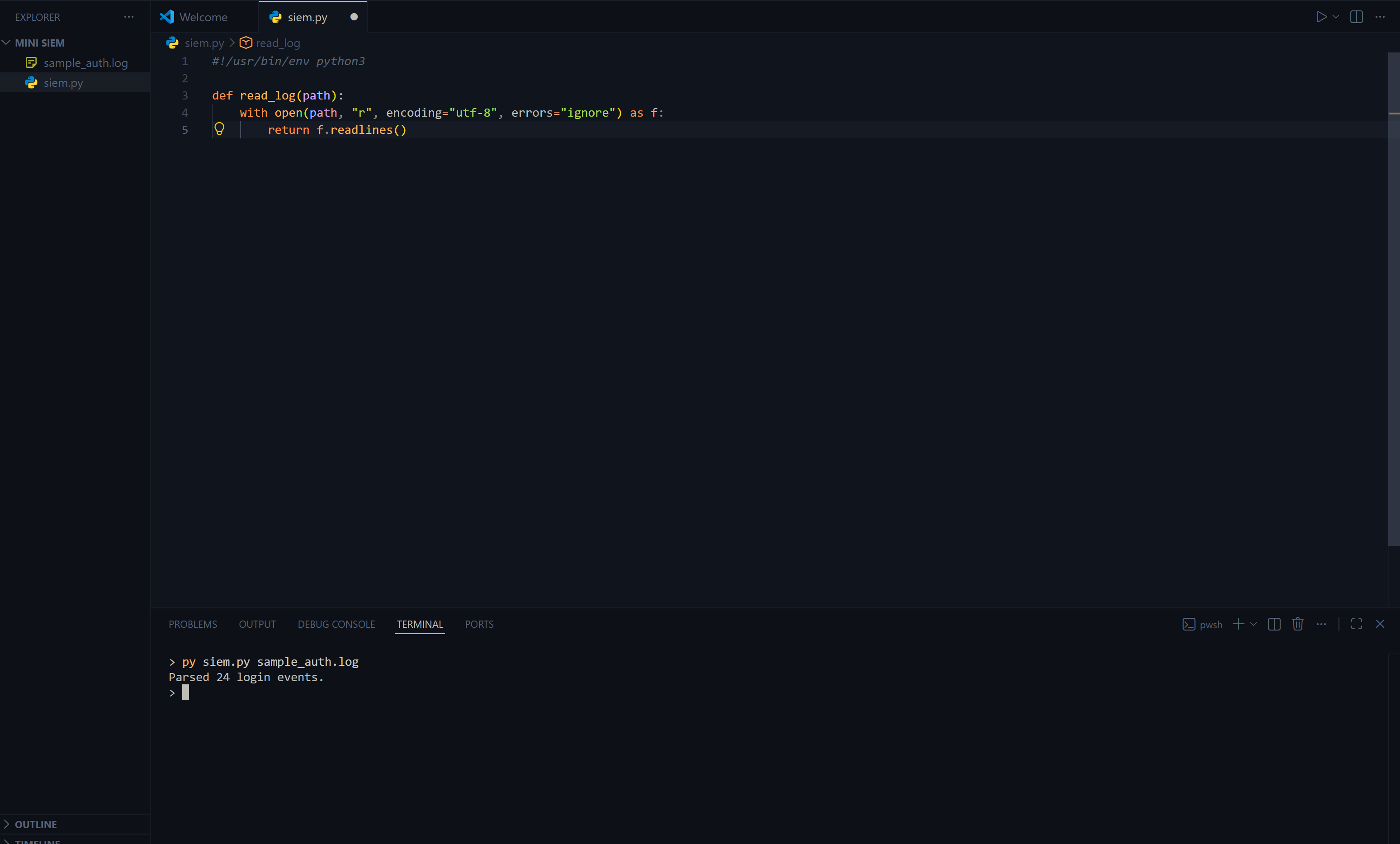VS Code showing the read_log function, with a terminal printing "Parsed 24 login events."