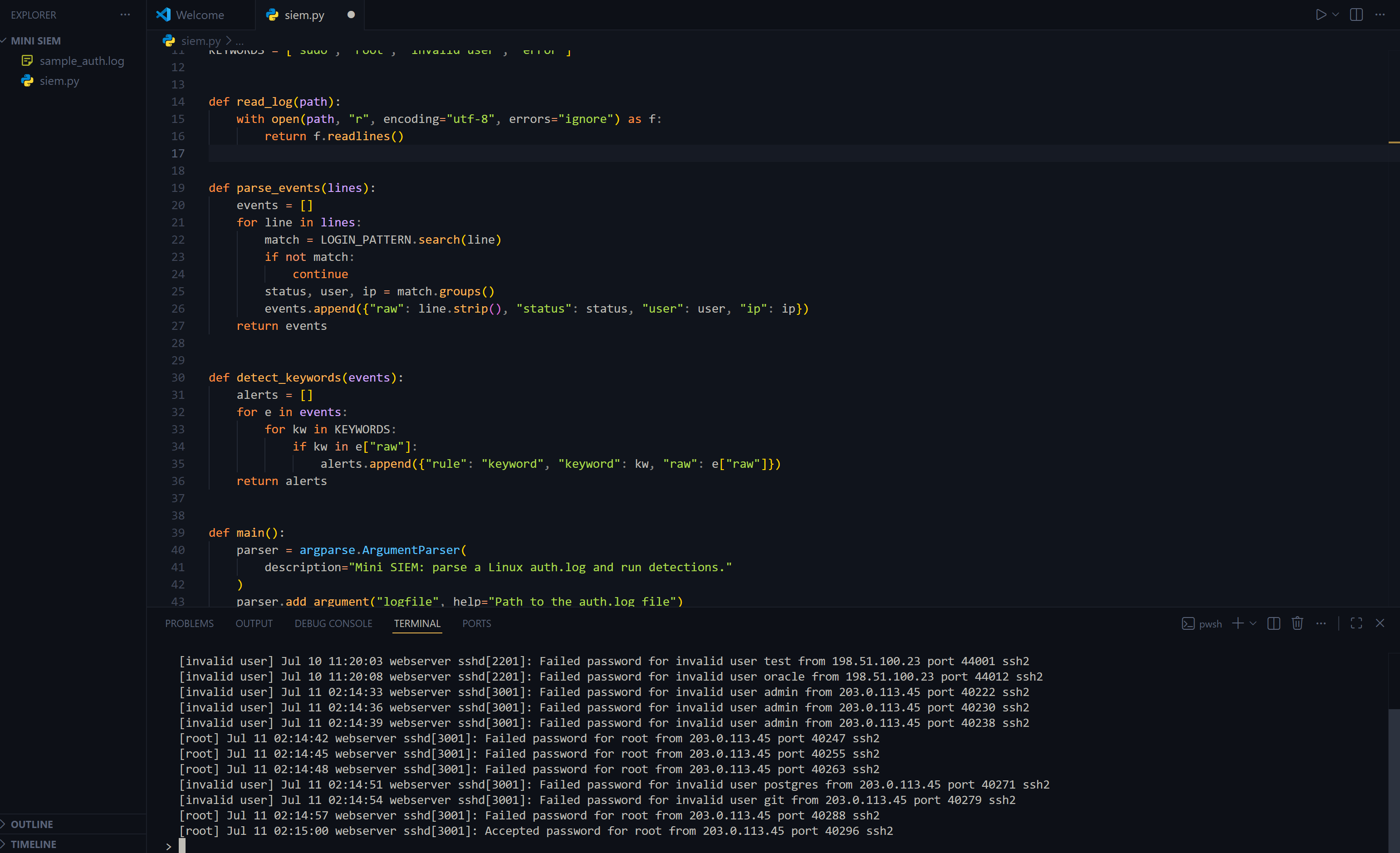 VS Code showing detect_keywords defined to take events and loop "for e in events", with the terminal output only ever tagging login lines