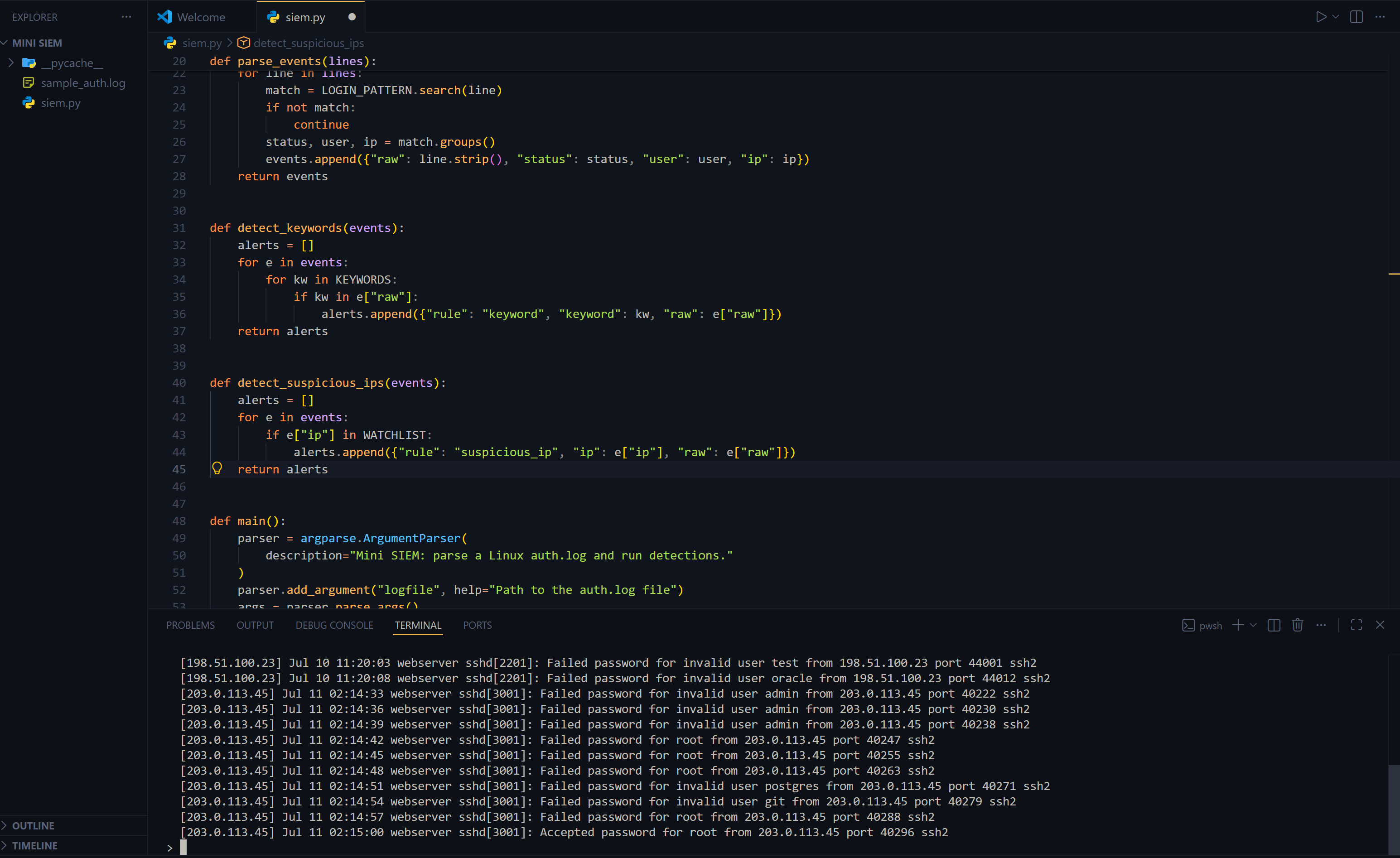 VS Code showing the detect_suspicious_ips function checking each event's IP against a WATCHLIST, with a terminal tagging each matching line by its IP address