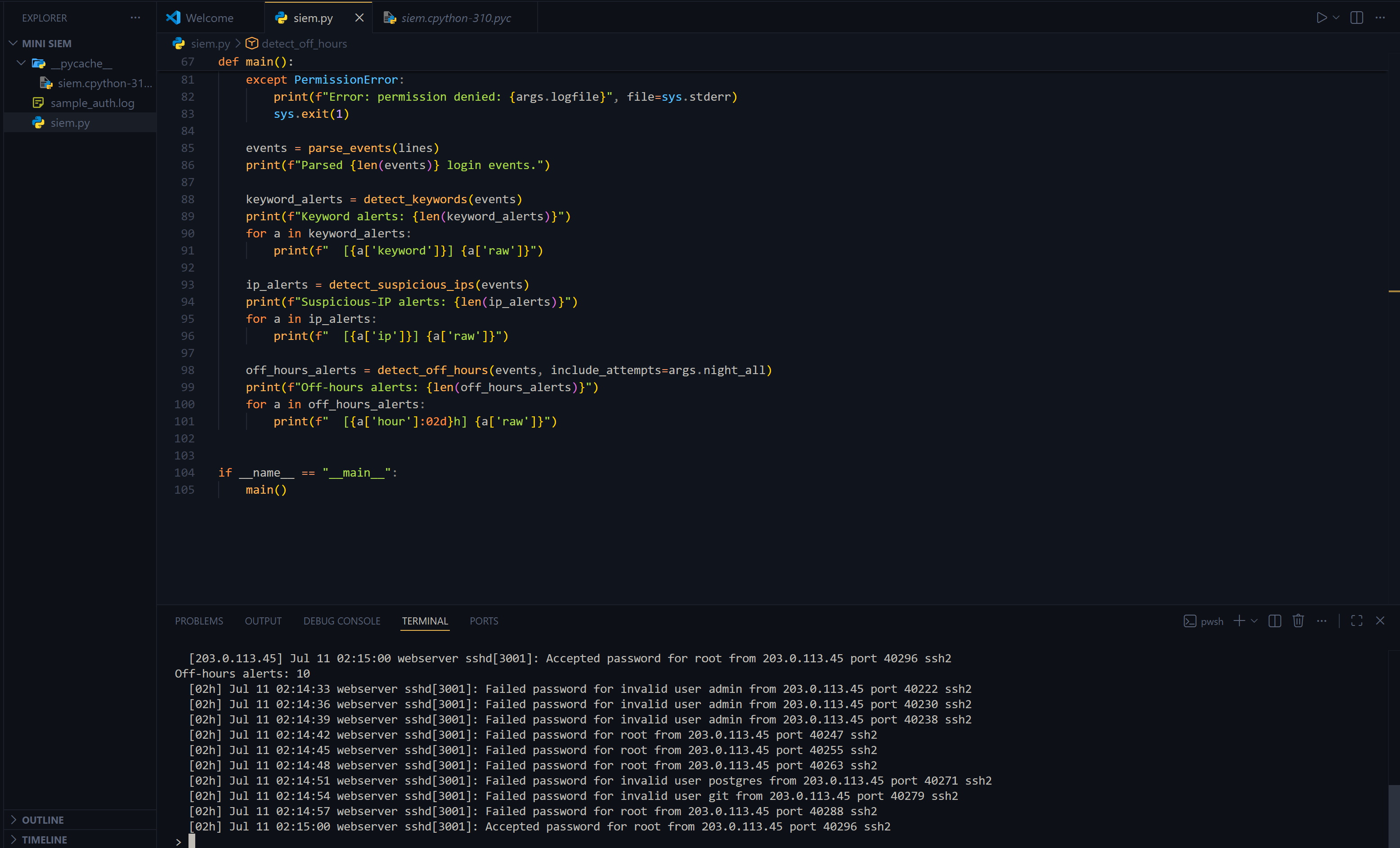 terminal showing "Off-hours alerts: 10" listing every failed and accepted login in the 02:00 hour