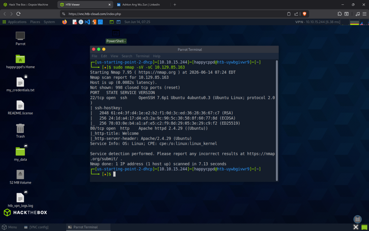 nmap scan showing SSH on port 22 and an Apache web server on port 80