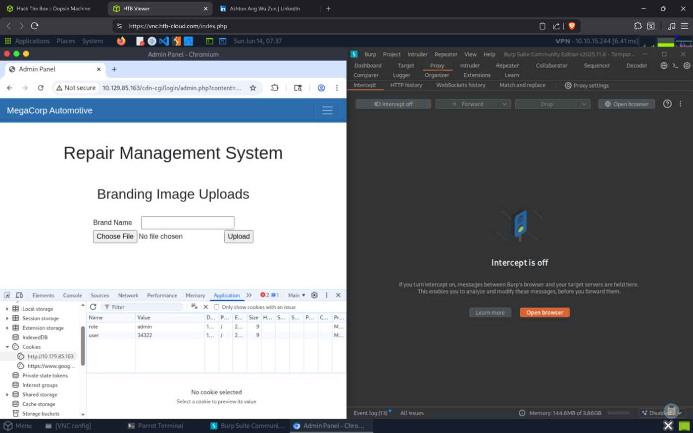 browser cookies edited so role equals admin, unlocking the admin menu