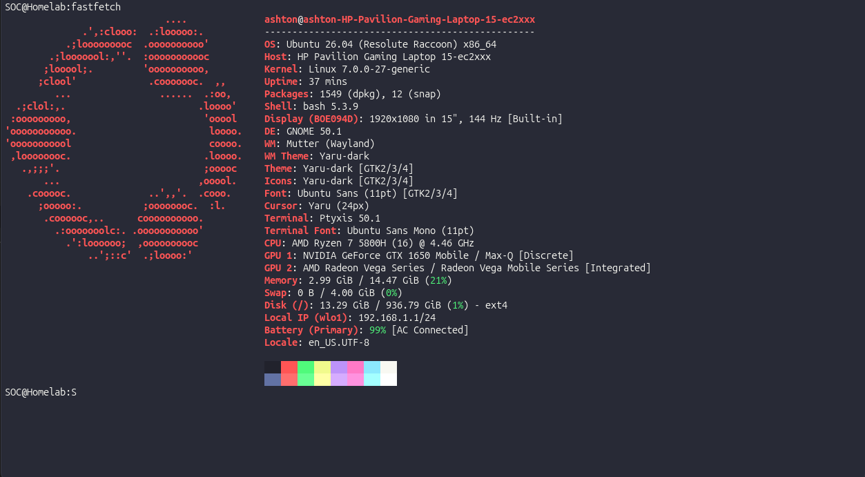 fastfetch output showing the Ryzen 7 5800H, 16 GB RAM, and Ubuntu 26.04 install