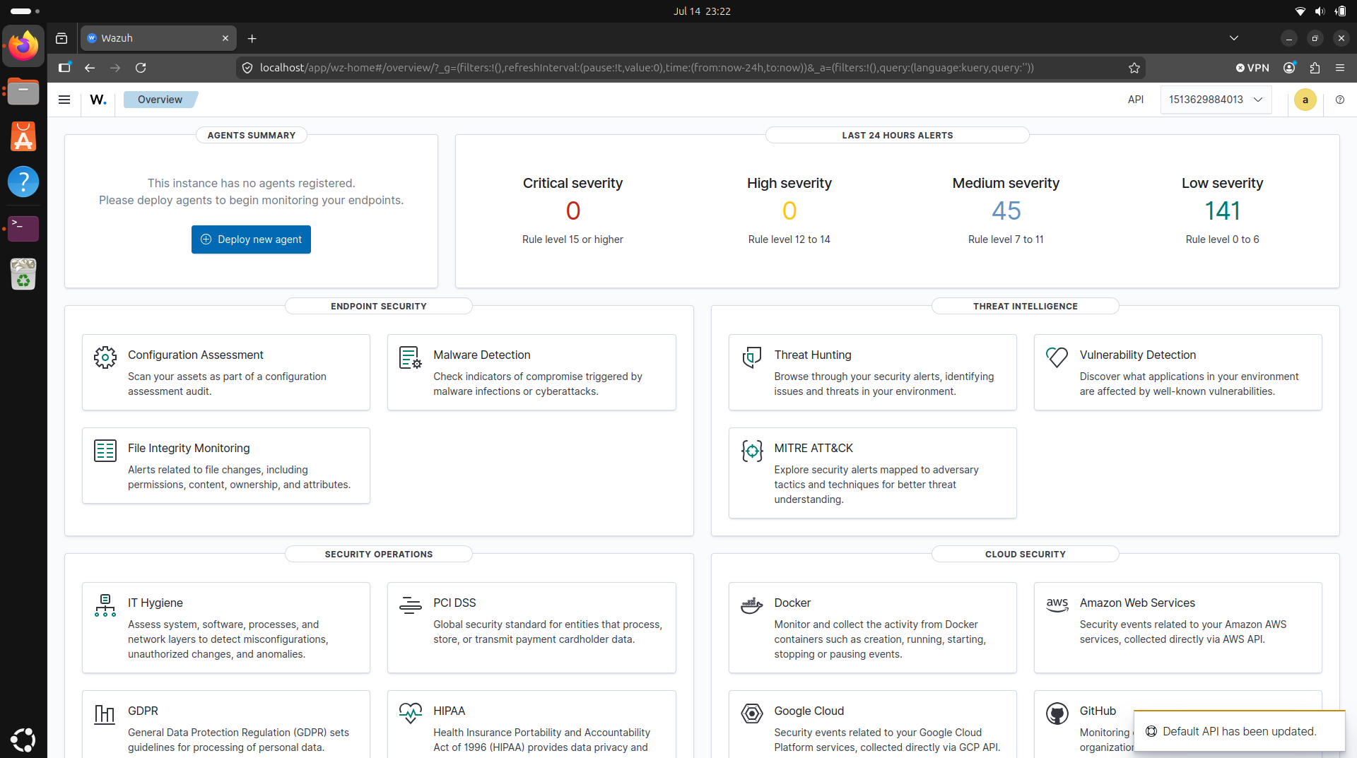 the Wazuh dashboard on first login: no agents registered yet