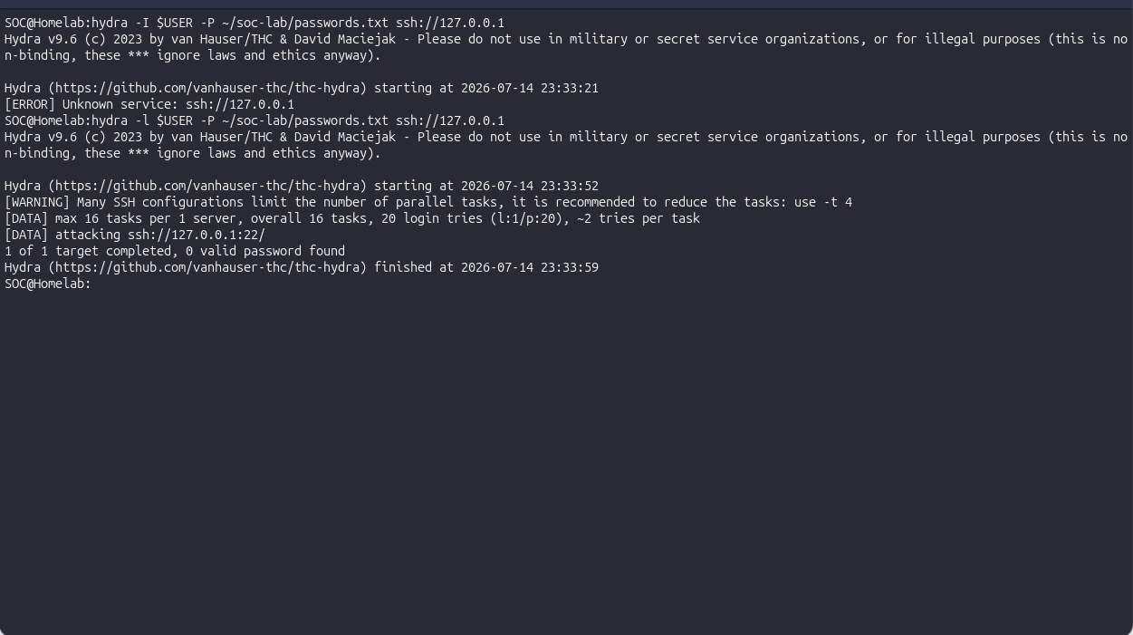 Terminal showing hydra running twenty password attempts against a valid username, after an earlier run errored on a typo'd flag