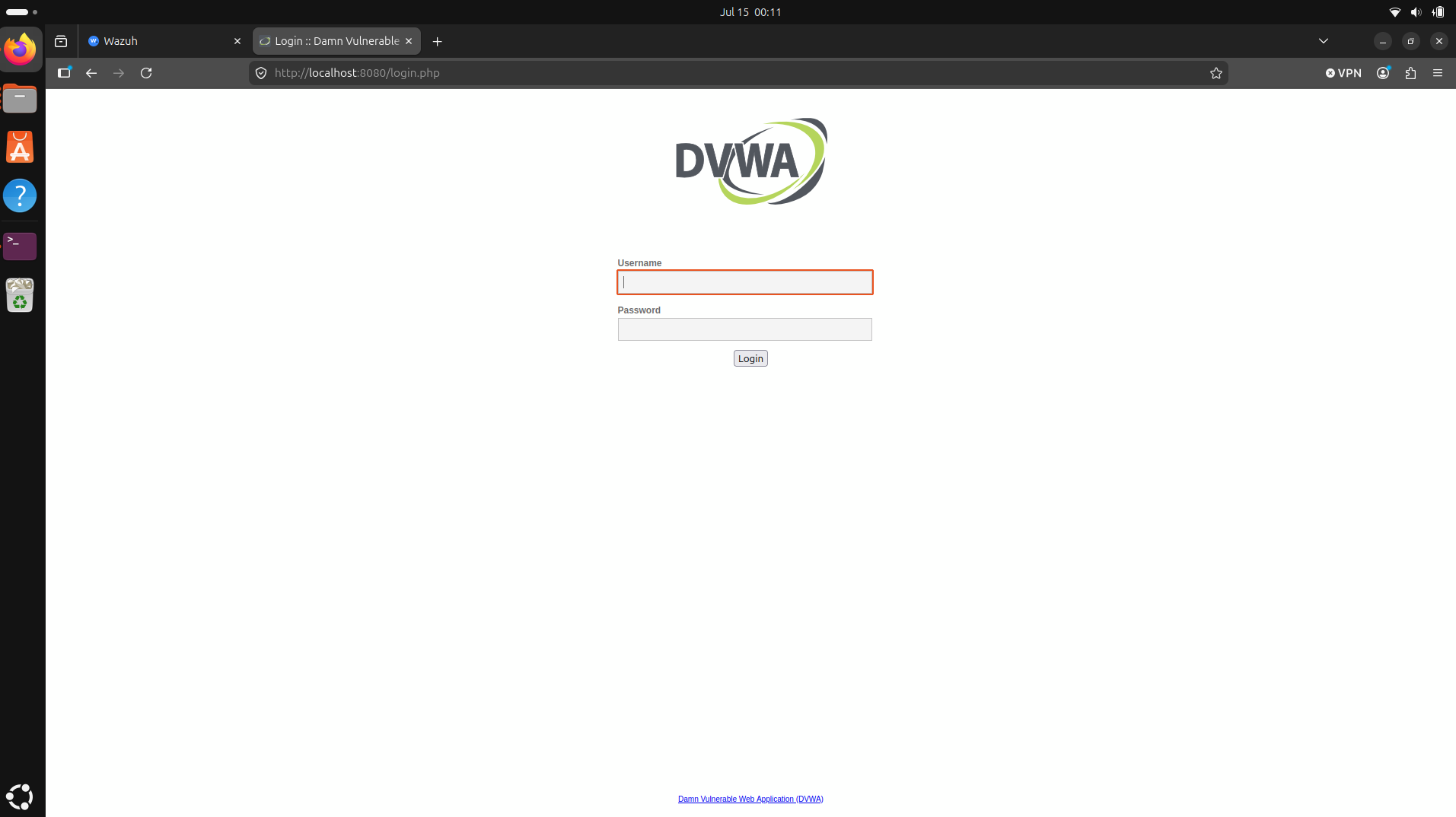 DVWA login page running at localhost:8080