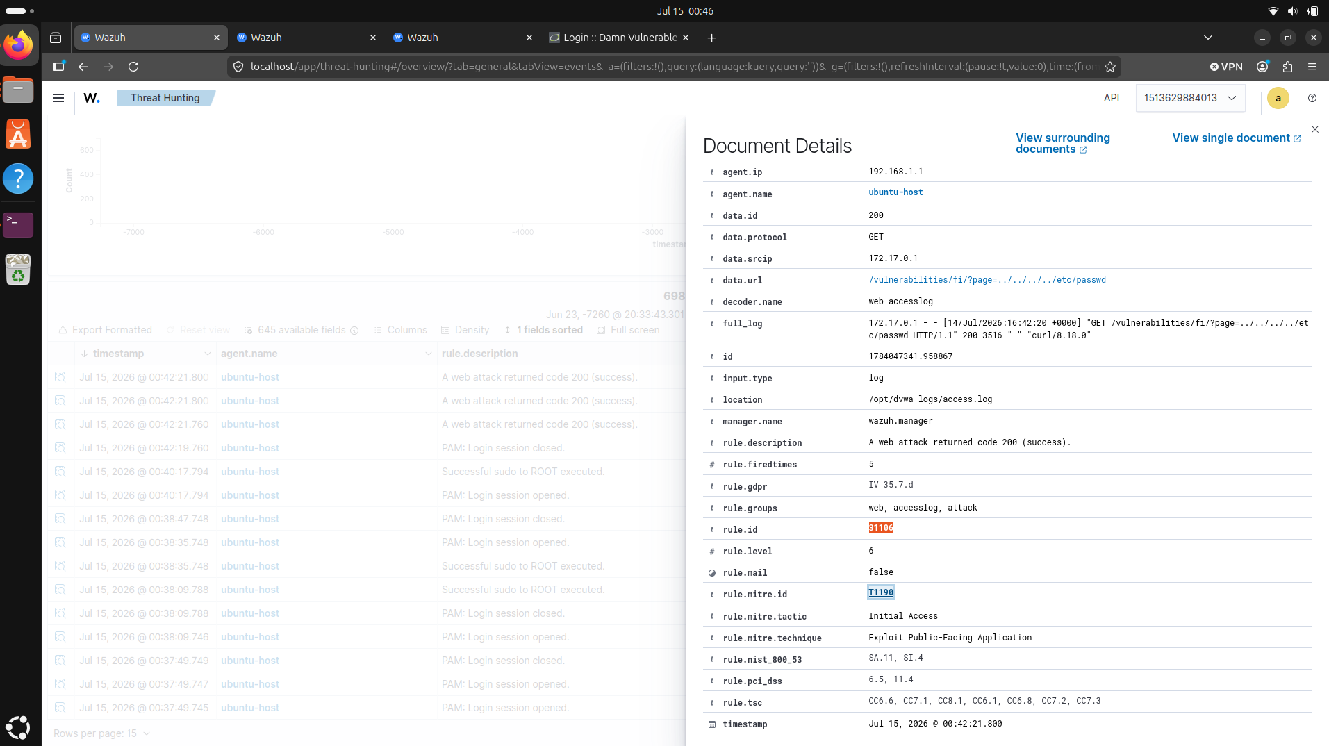 Wazuh document details for the path traversal request, rule 31106, MITRE T1190