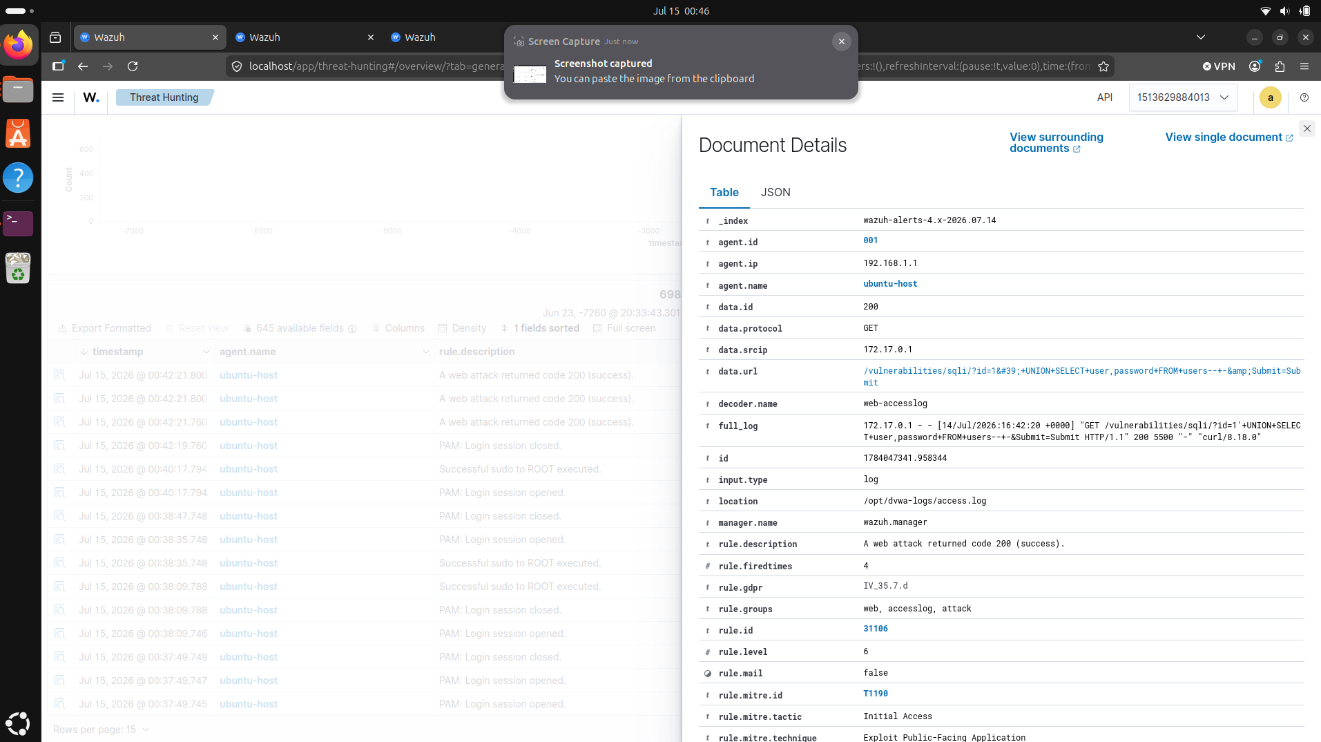 Wazuh document details for the SQL injection request, rule 31106
