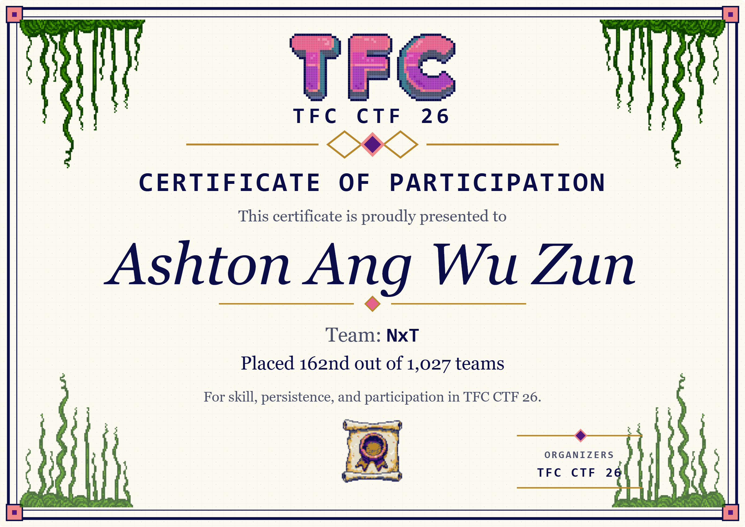 TFC CTF 26 certificate of participation for Ashton Ang Wu Zun, team NxT, placed 162nd of 1,027 teams