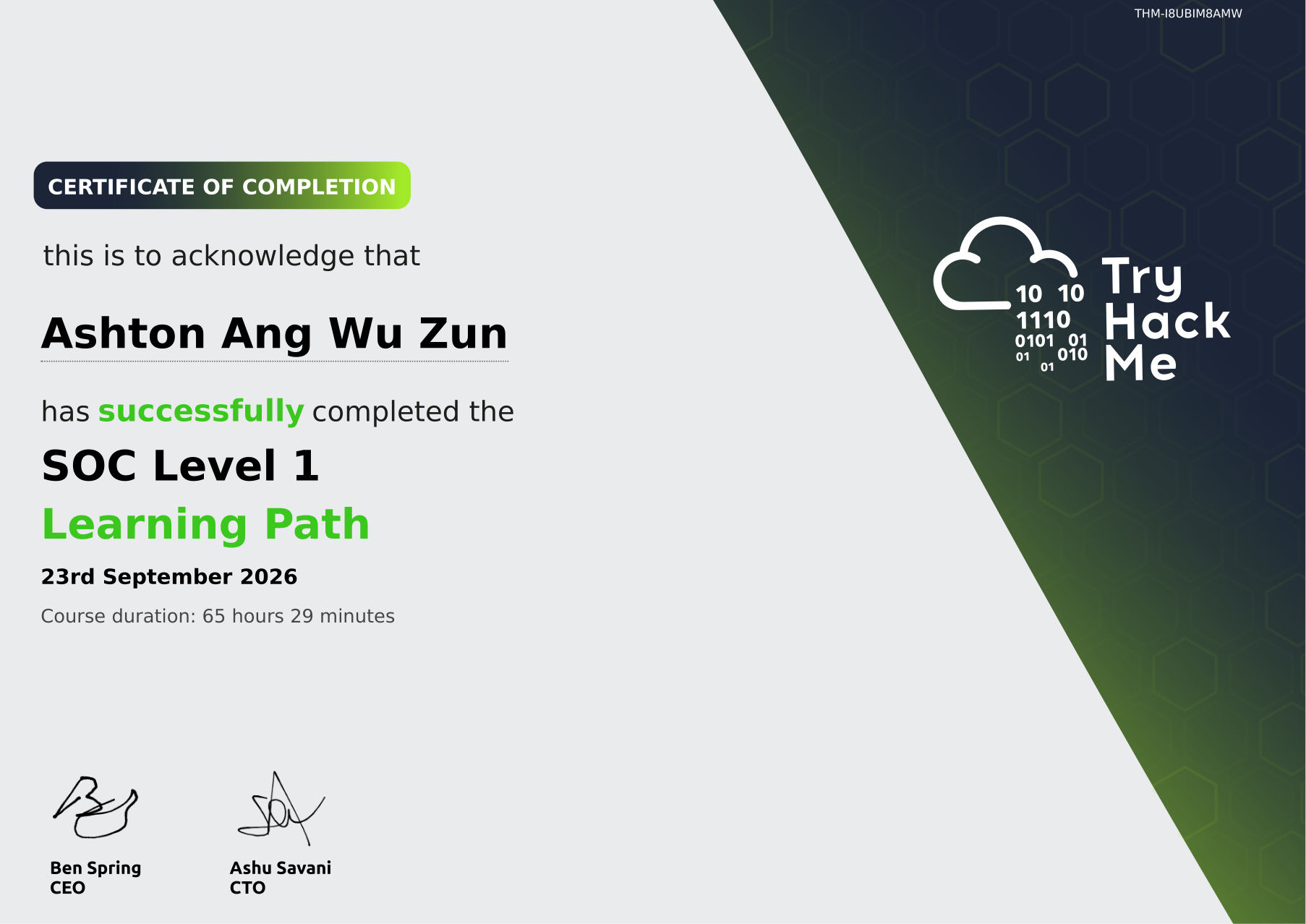 TryHackMe certificate of completion for the SOC Level 1 learning path, issued to Ashton Ang Wu Zun, dated 23 September 2026